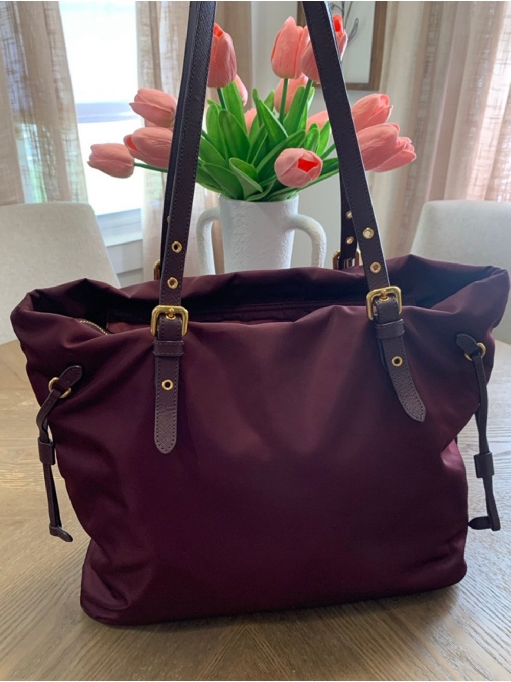 Prada Burgundy Nylon Tote with Gold-Tone Logo~Certificate Of Authenticity - Picture 4 of 13